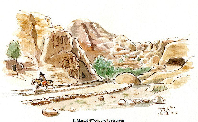 Petra, en JordanieLe chemin d'accès au site. Encre et aquarelle. Avril 2013